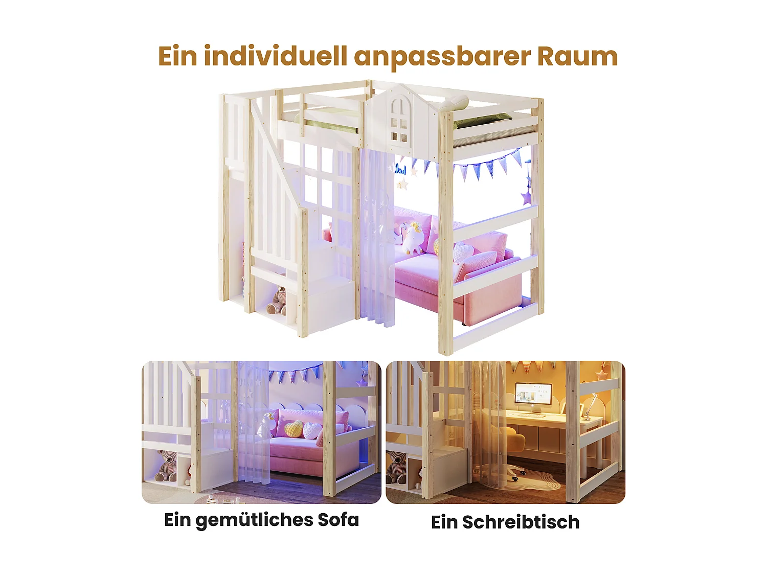 Letto a soppalco per bambini - 90 x 200 cm - con LED + scala contenitore - forma finestra - legno - bianco + naturale