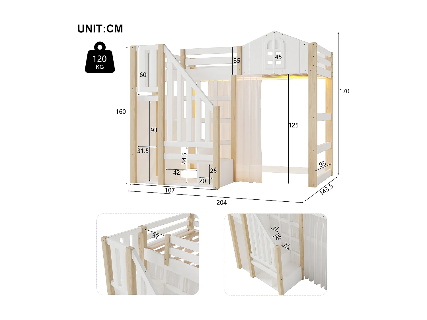 Letto a soppalco per bambini - 90 x 200 cm - con LED + scala contenitore - forma finestra - legno - bianco + naturale