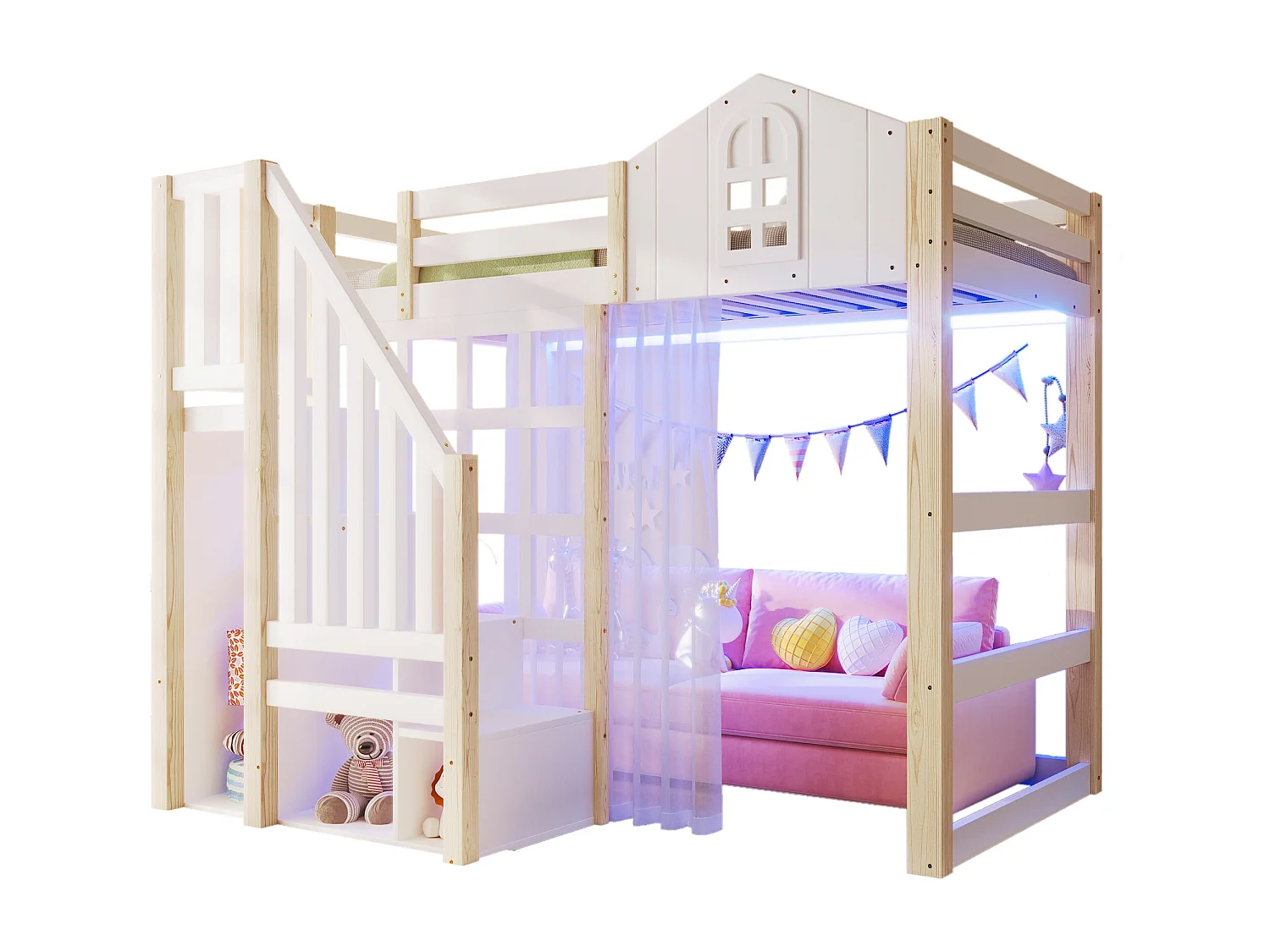 Letto a soppalco per bambini - 90 x 200 cm - con LED + scala contenitore - forma finestra - legno - bianco + naturale