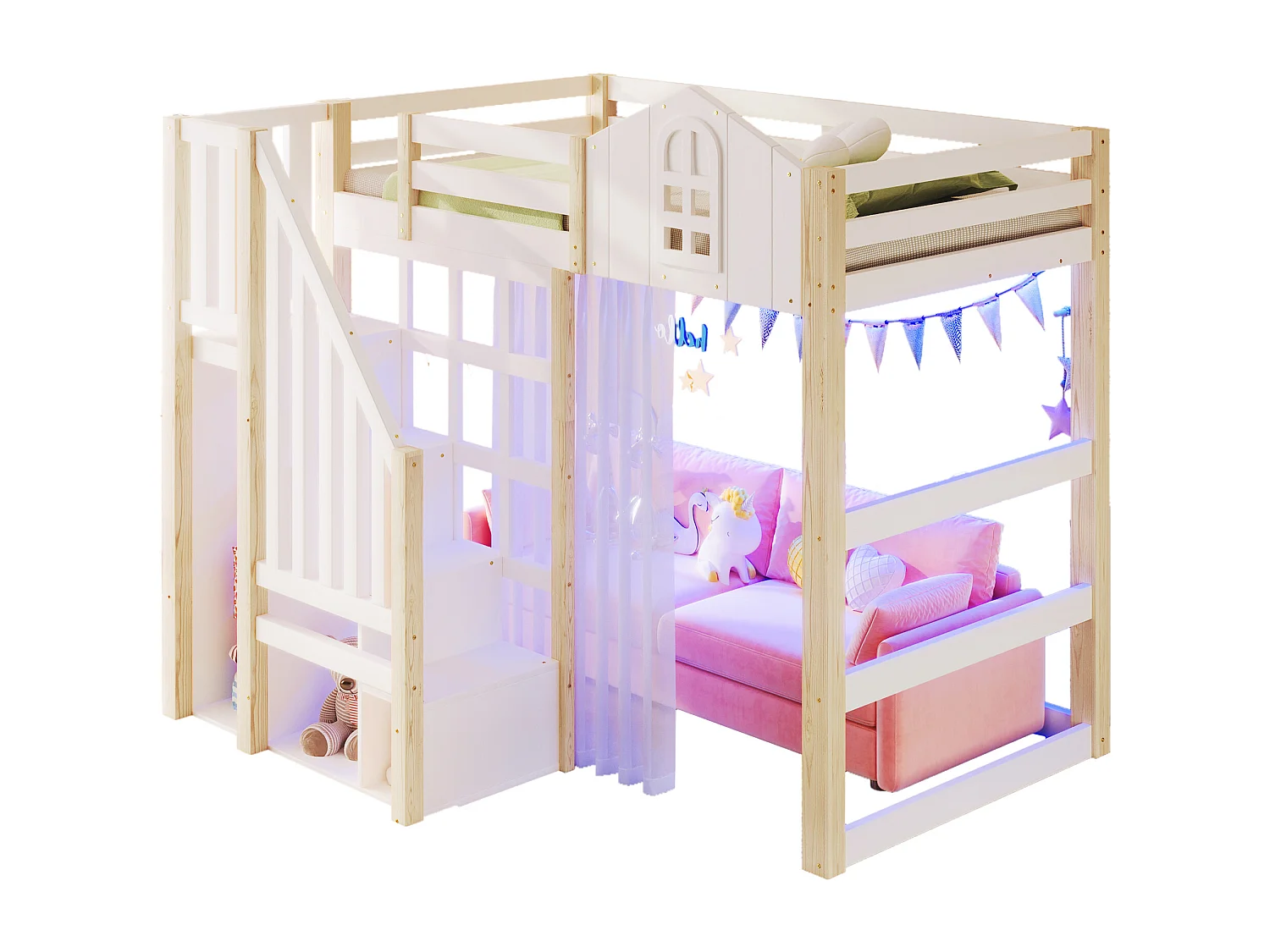 Letto a soppalco per bambini - 90 x 200 cm - con LED + scala contenitore - forma finestra - legno - bianco + naturale