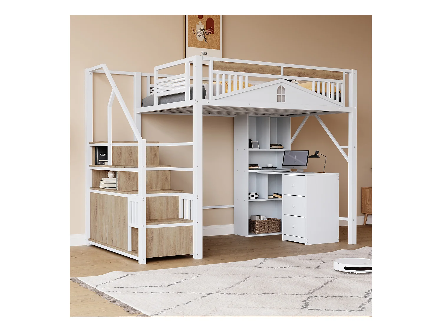 Łóżko piętrowe - 140 x 200 cm - wymienna drabinka z miejscem do przechowywania - drewno + metal - białe