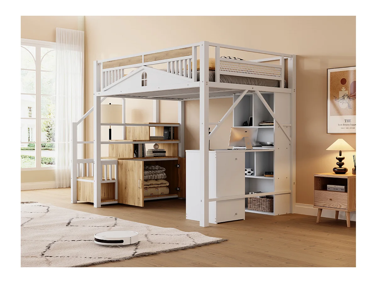 Łóżko piętrowe - 140 x 200 cm - wymienna drabinka z miejscem do przechowywania - drewno + metal - białe