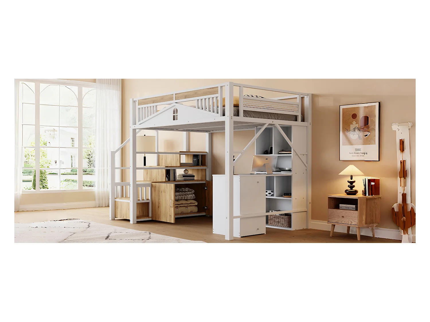 Łóżko piętrowe - 140 x 200 cm - wymienna drabinka z miejscem do przechowywania - drewno + metal - białe