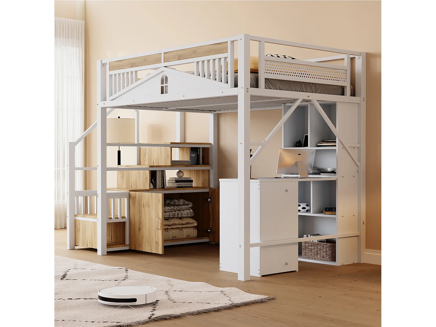 Letto a soppalco - 140 x 200 cm - scaletta intercambiabile con contenitore - legno + metallo - bianco