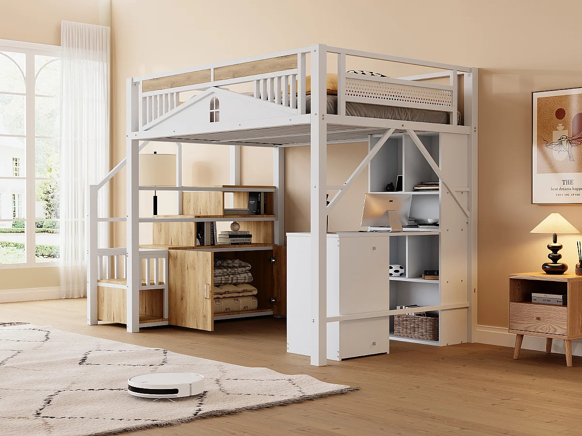 Letto a soppalco - 140 x 200 cm - scaletta intercambiabile con contenitore - legno + metallo - bianco