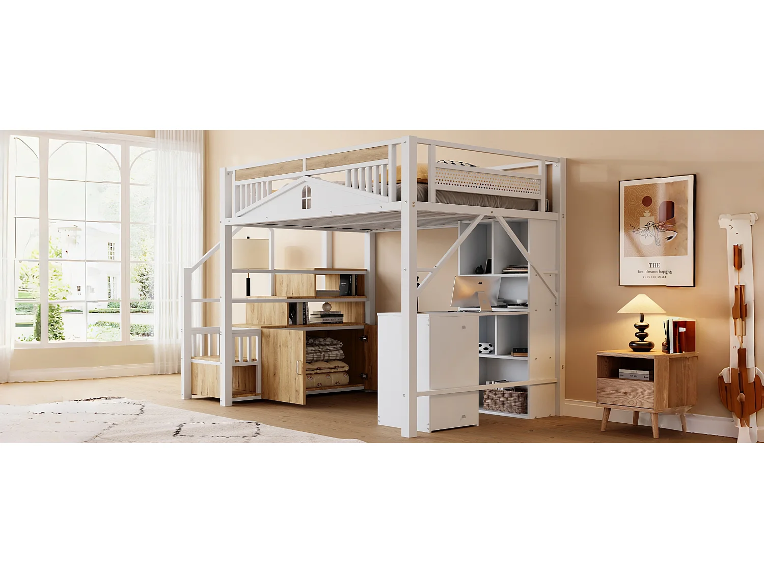 Letto a soppalco - 140 x 200 cm - scaletta intercambiabile con contenitore - legno + metallo - bianco