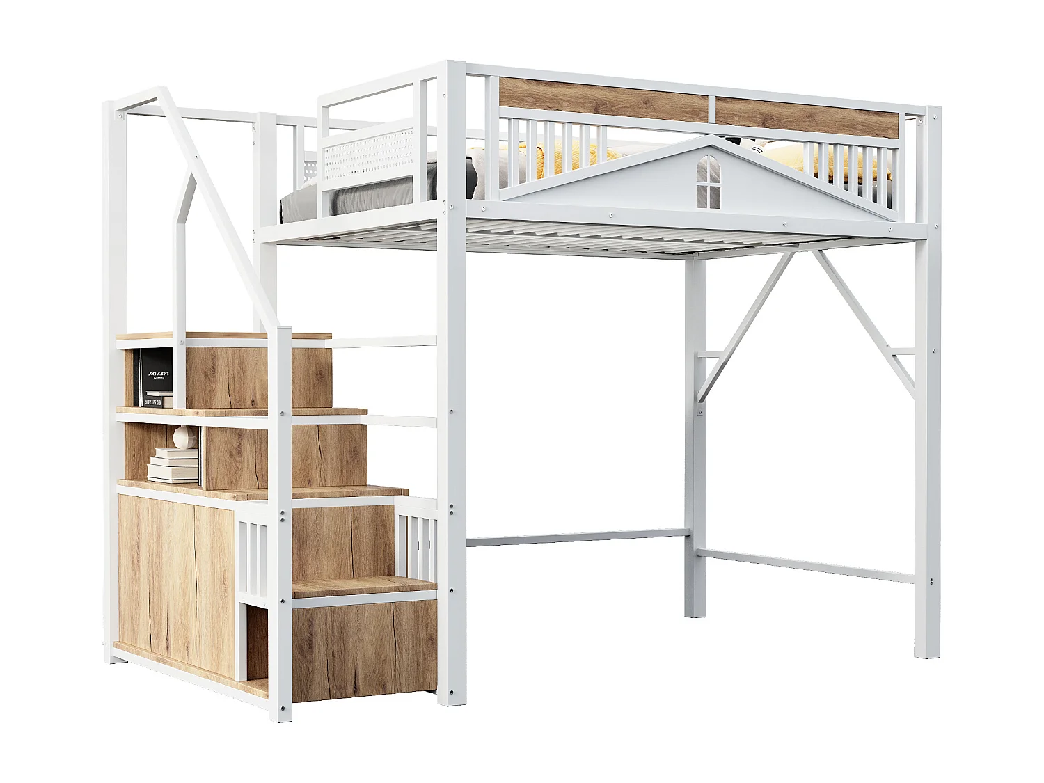 Letto a soppalco - 140 x 200 cm - scaletta intercambiabile con contenitore - legno + metallo - bianco