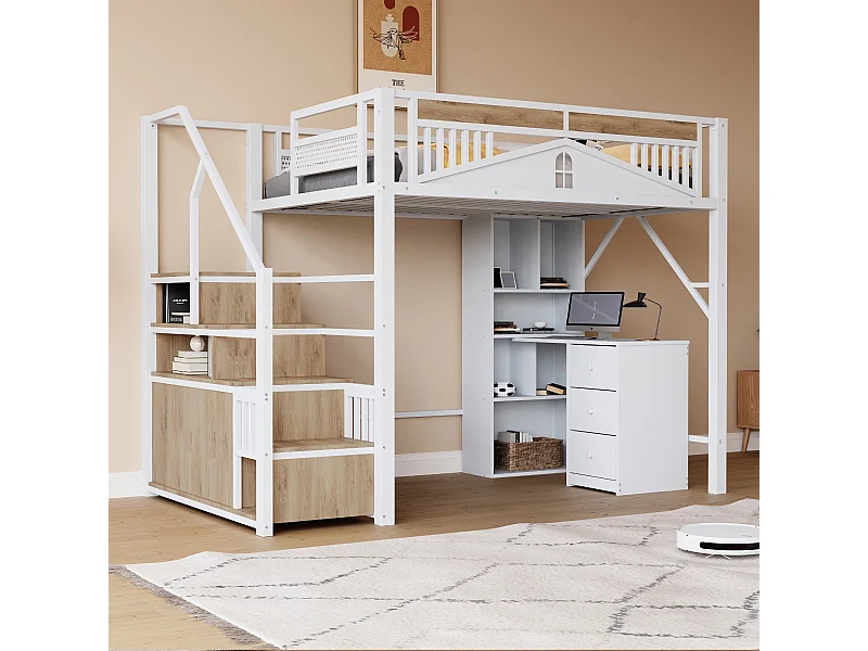 Letto a soppalco - 140 x 200 cm - scaletta intercambiabile con contenitore - legno + metallo - bianco