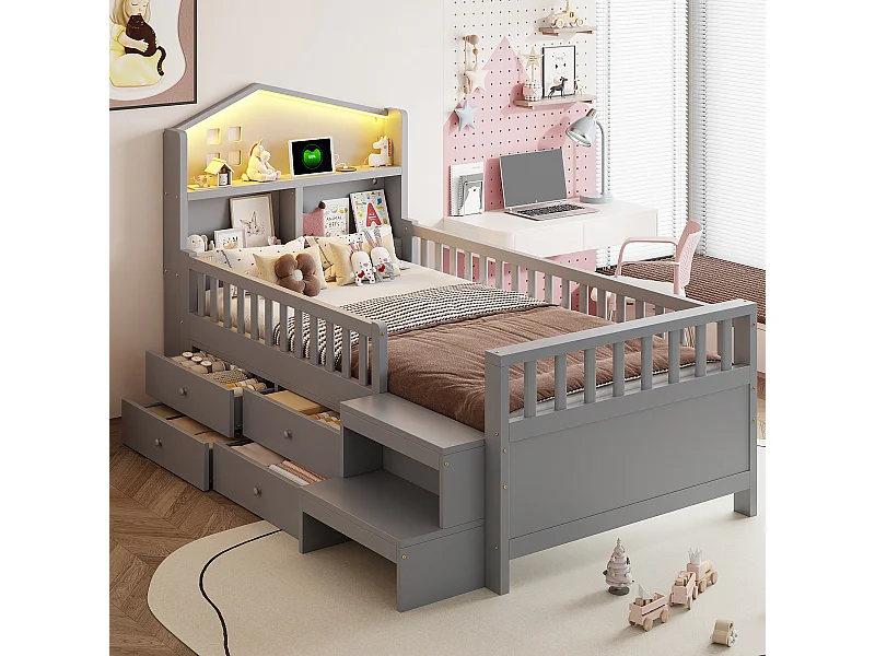 Kinderbett 90 x 200 cm - mit Absturzsicherung + 4 Schubladen + LEDs + USB und Type-C - Holz - Grau