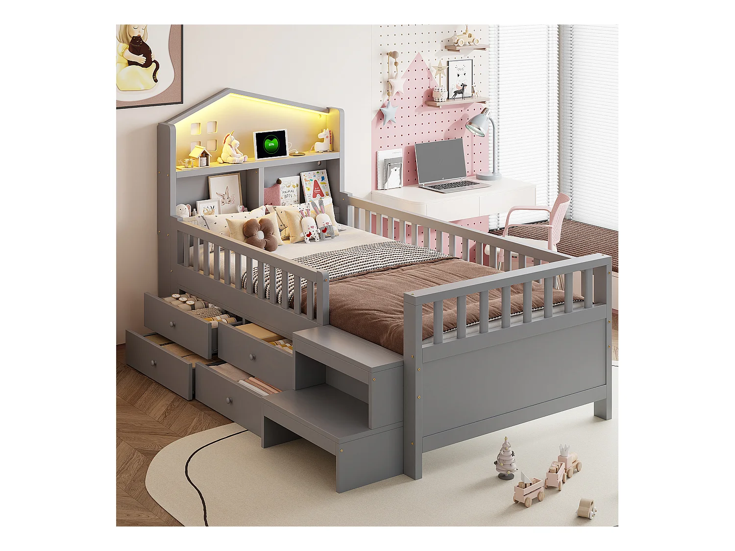 Kinderbett 90 x 200 cm - mit Absturzsicherung + 4 Schubladen + LEDs + USB und Type-C - Holz - Grau