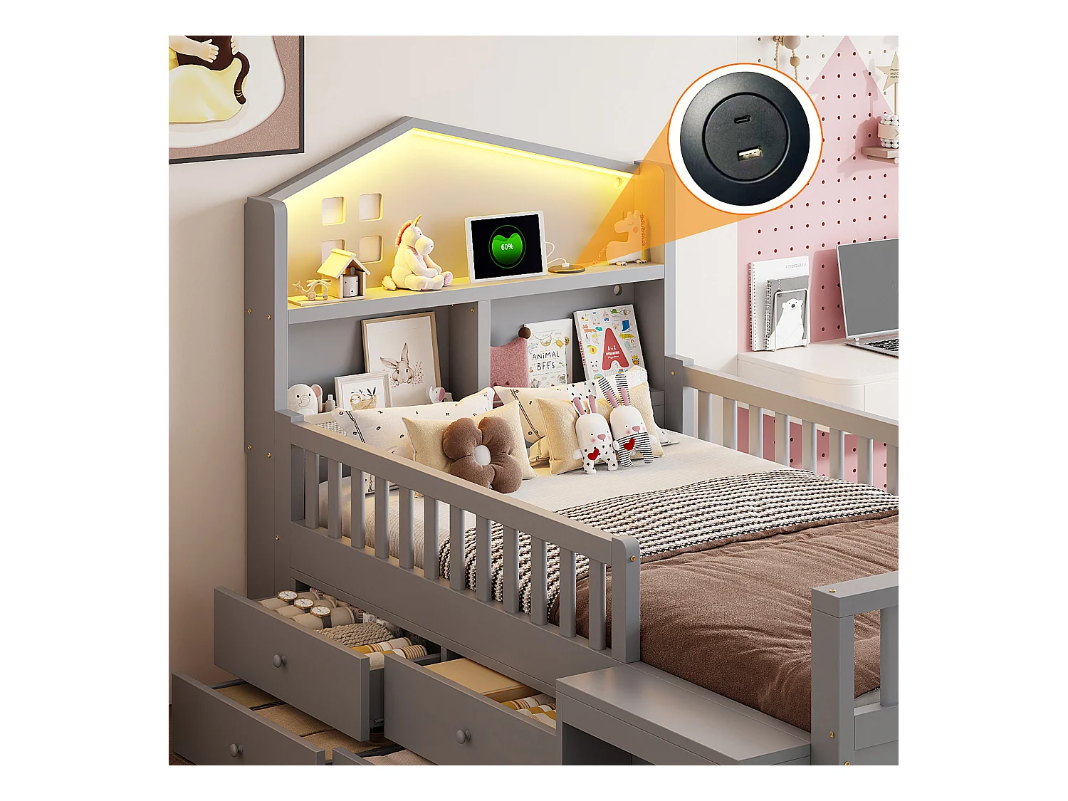 Kinderbett 90 x 200 cm - mit Absturzsicherung + 4 Schubladen + LEDs + USB und Type-C - Holz - Grau