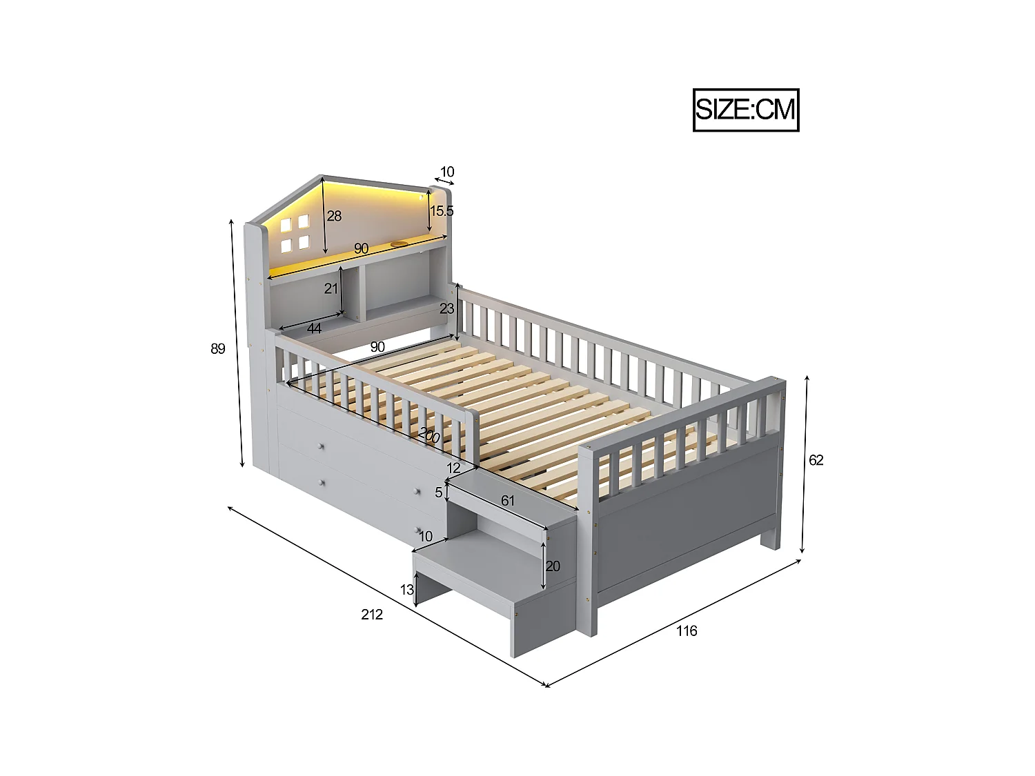 Kinderbett 90 x 200 cm - mit Absturzsicherung + 4 Schubladen + LEDs + USB und Type-C - Holz - Grau