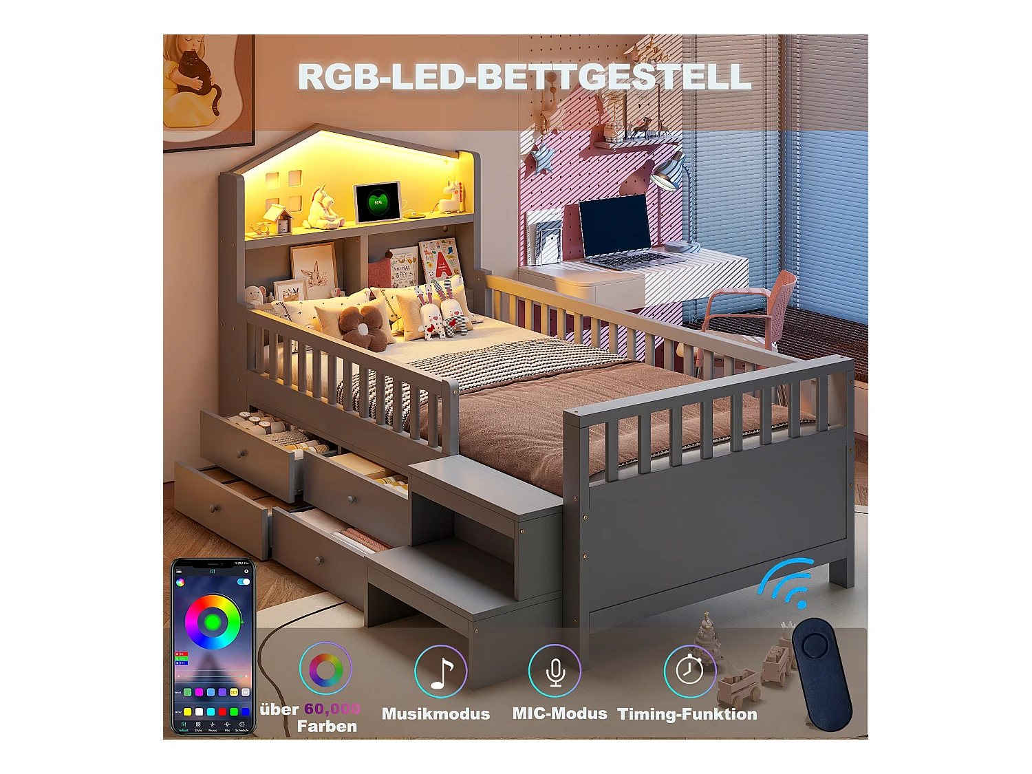 Łóżko dziecięce 90 x 200 cm - z barierką zabezpieczającą + 4 szuflady + diody LED + USB i Type-C - drewno - szare