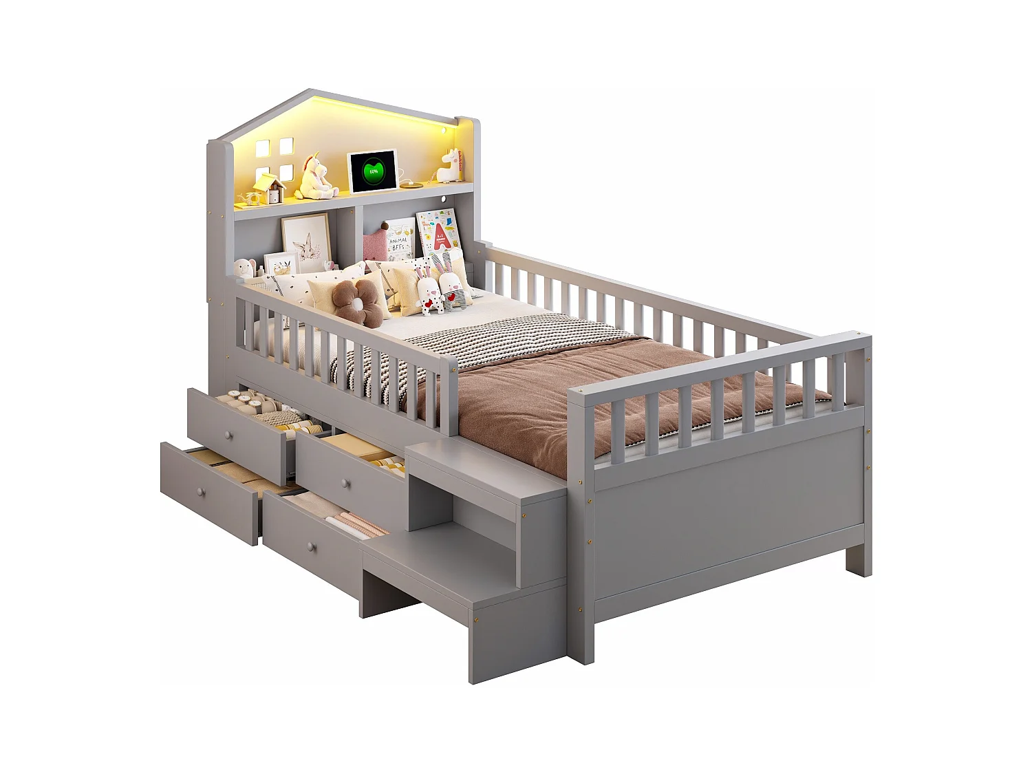 Łóżko dziecięce 90 x 200 cm - z barierką zabezpieczającą + 4 szuflady + diody LED + USB i Type-C - drewno - szare