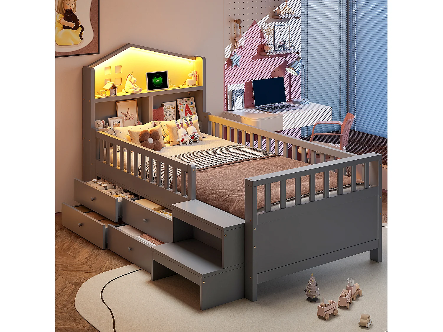Lit enfant 90 x 200 cm - avec barrière de sécurité + 4 tiroirs + Leds + USB et Type-C - bois - gris