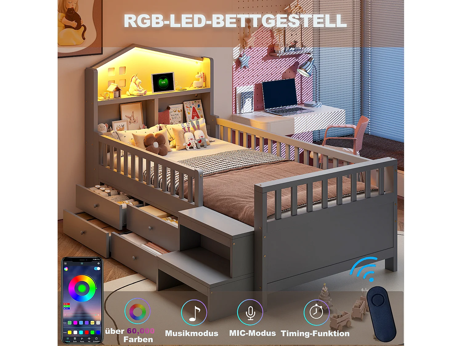 Lit enfant 90 x 200 cm - avec barrière de sécurité + 4 tiroirs + Leds + USB et Type-C - bois - gris