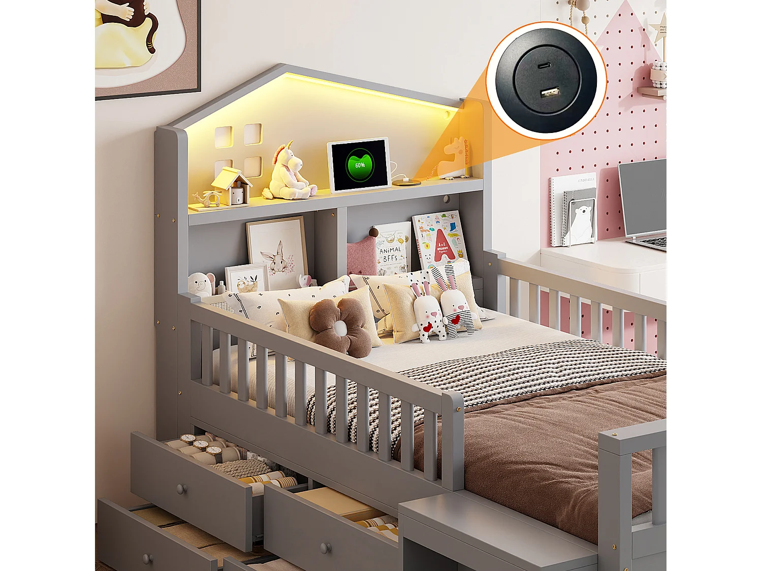 Lit enfant 90 x 200 cm - avec barrière de sécurité + 4 tiroirs + Leds + USB et Type-C - bois - gris