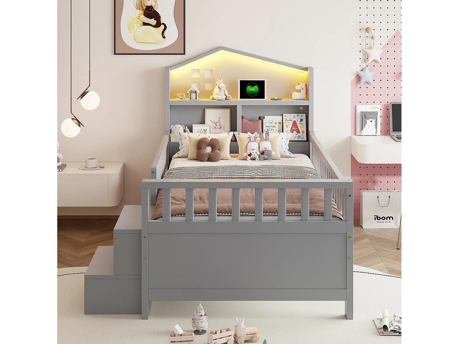 Lit enfant 90 x 200 cm - avec barrière de sécurité + 4 tiroirs + Leds + USB et Type-C - bois - gris