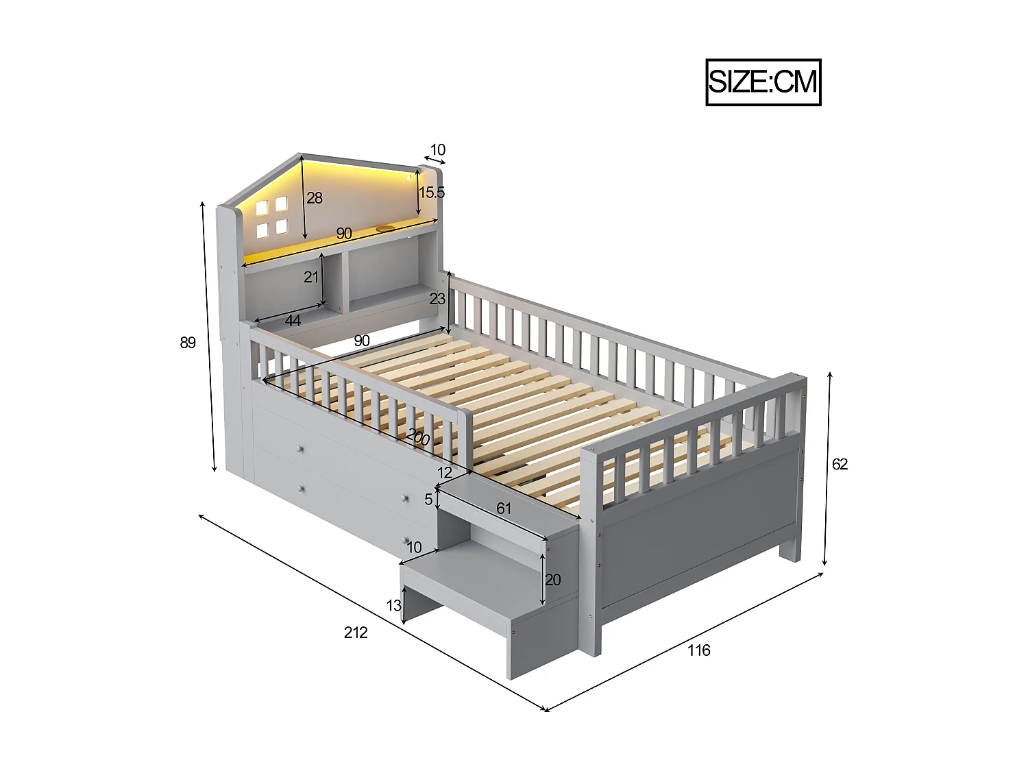 Lit enfant 90 x 200 cm - avec barrière de sécurité + 4 tiroirs + Leds + USB et Type-C - bois - gris