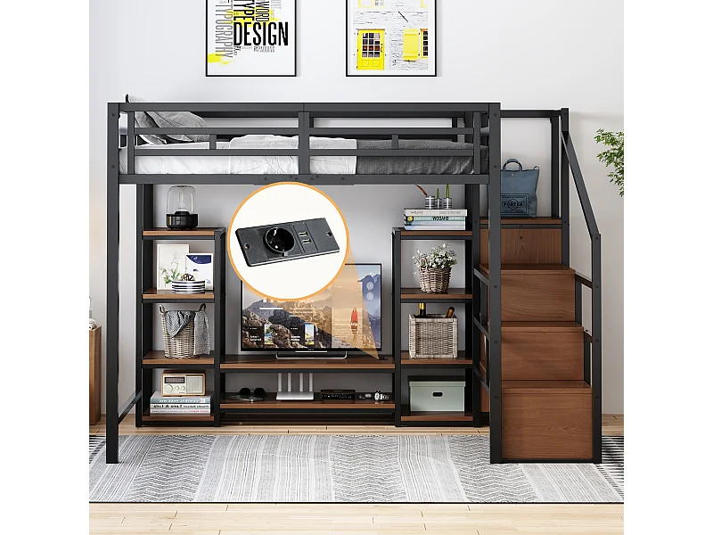 Kinderhochbett - 140 x 200 cm - mit TV-Schrank + Steckdose + Sicherheitsleiter + Ablageboden - Metall - schwarz