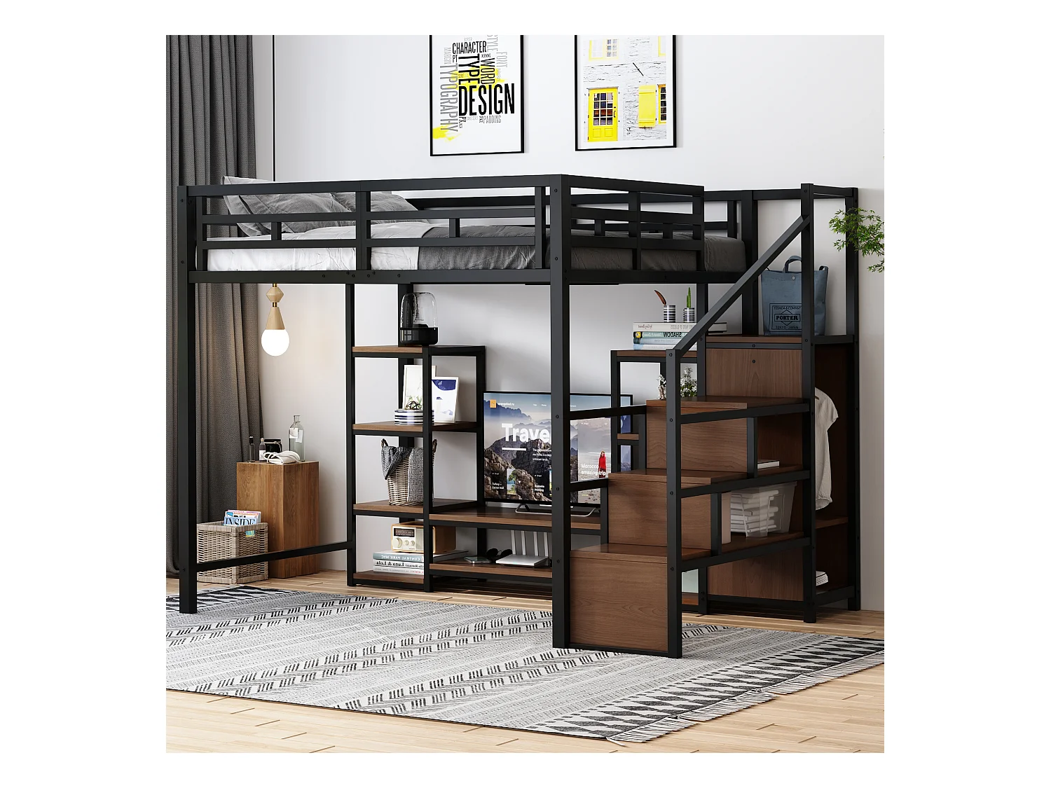 Lit mezzanine enfant - 140 x 200 cm - avec meuble TV + prise + échelle de sécurité + étagère de rangement - métal - noir
