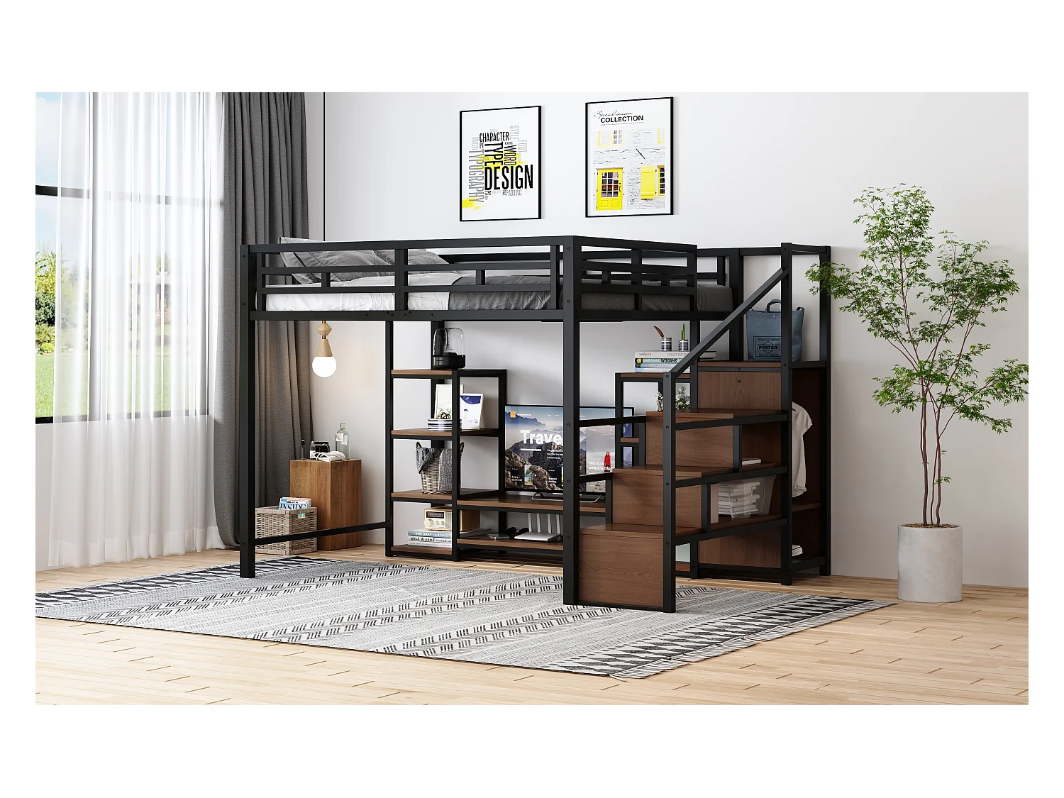 Lit mezzanine enfant - 140 x 200 cm - avec meuble TV + prise + échelle de sécurité + étagère de rangement - métal - noir