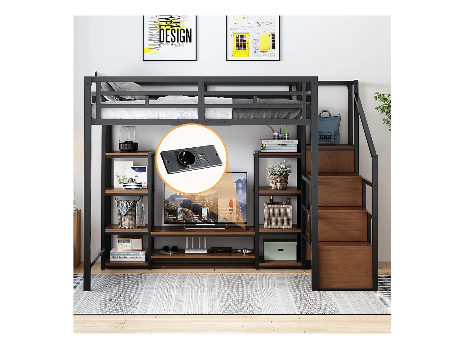 Kinderhochbett - 140 x 200 cm - mit TV-Schrank + Steckdose + Sicherheitsleiter + Ablageboden - Metall - schwarz