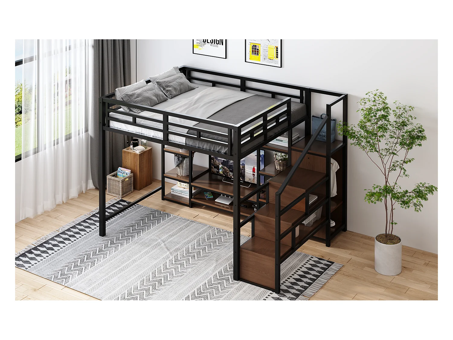 Kinderhochbett - 140 x 200 cm - mit TV-Schrank + Steckdose + Sicherheitsleiter + Ablageboden - Metall - schwarz