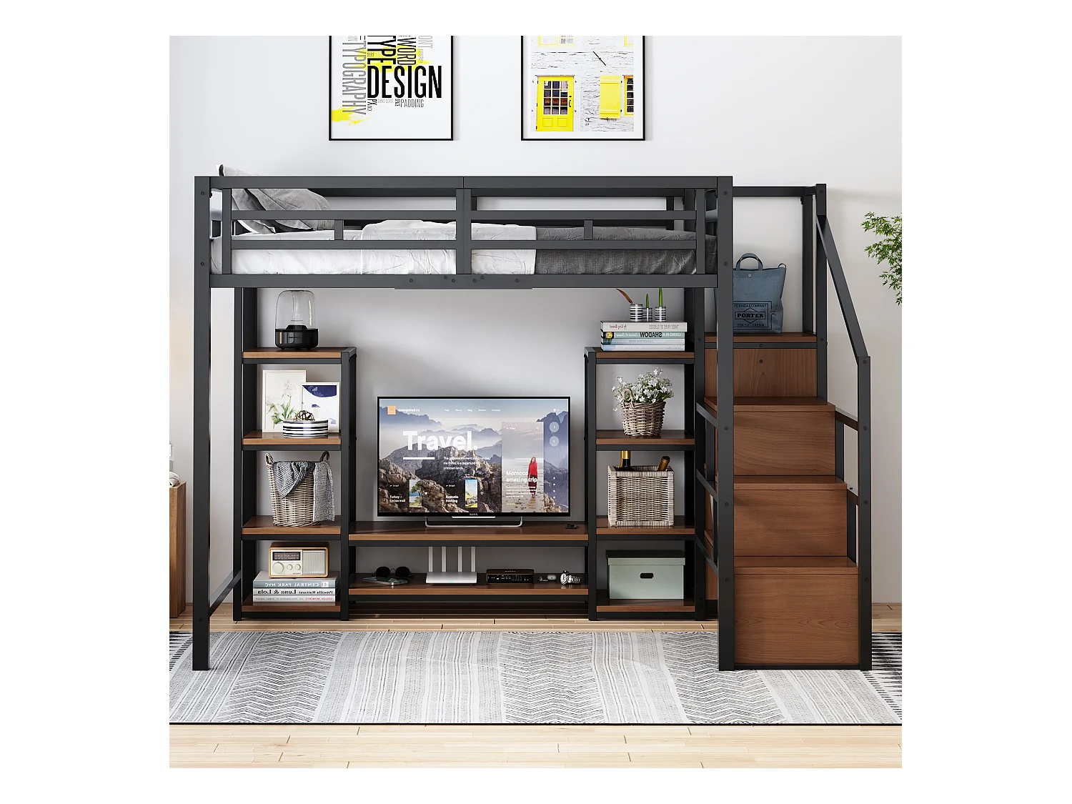 Kinderhochbett - 140 x 200 cm - mit TV-Schrank + Steckdose + Sicherheitsleiter + Ablageboden - Metall - schwarz