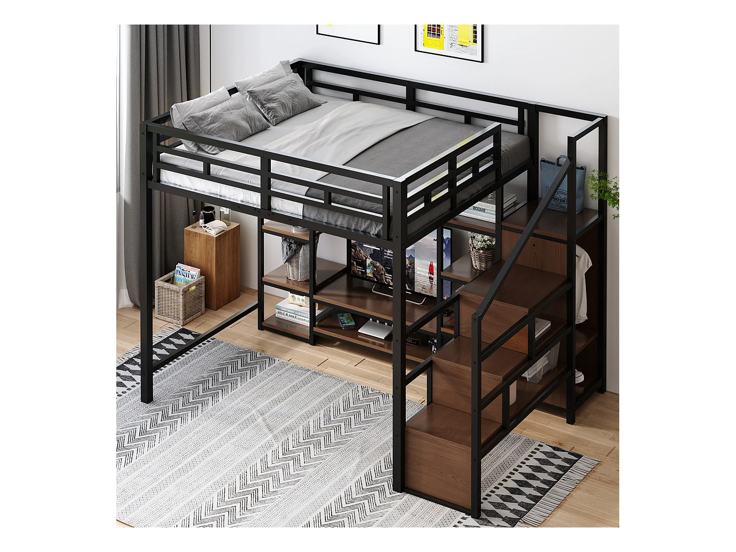 Kinderhochbett - 140 x 200 cm - mit TV-Schrank + Steckdose + Sicherheitsleiter + Ablageboden - Metall - schwarz
