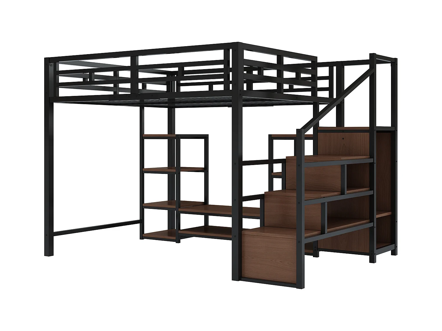 Kinderhochbett - 140 x 200 cm - mit TV-Schrank + Steckdose + Sicherheitsleiter + Ablageboden - Metall - schwarz