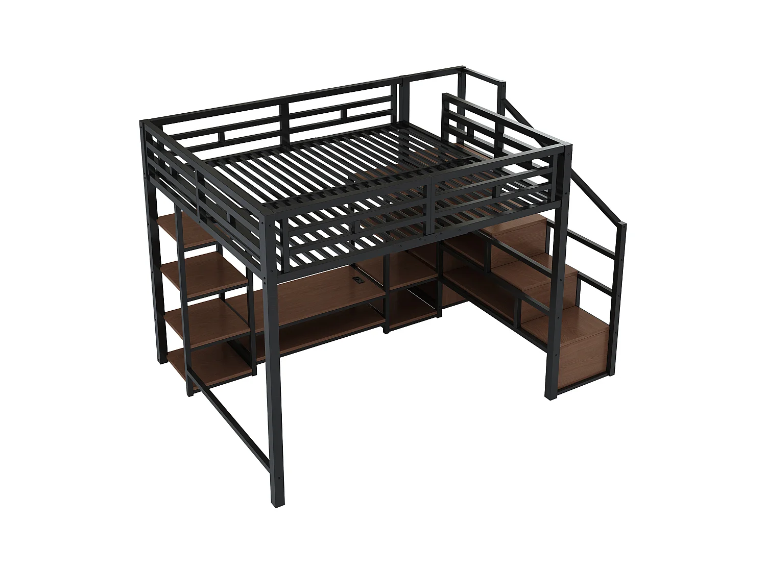 Kinderhochbett - 140 x 200 cm - mit TV-Schrank + Steckdose + Sicherheitsleiter + Ablageboden - Metall - schwarz