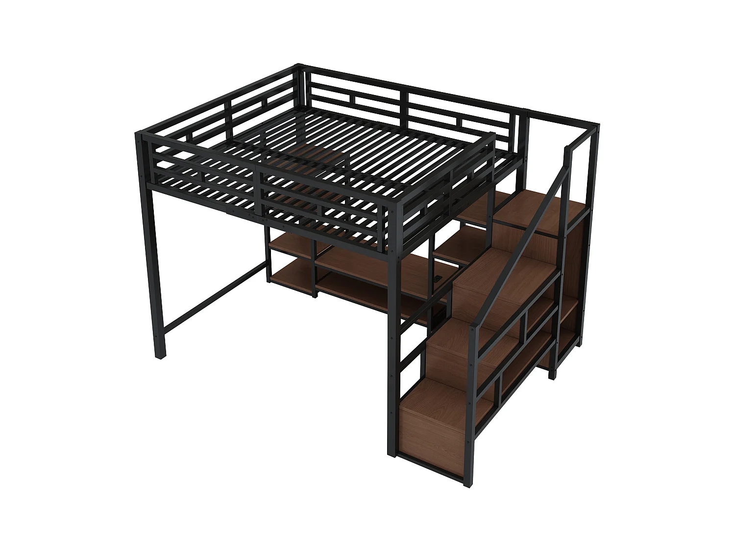 Kinderhochbett - 140 x 200 cm - mit TV-Schrank + Steckdose + Sicherheitsleiter + Ablageboden - Metall - schwarz