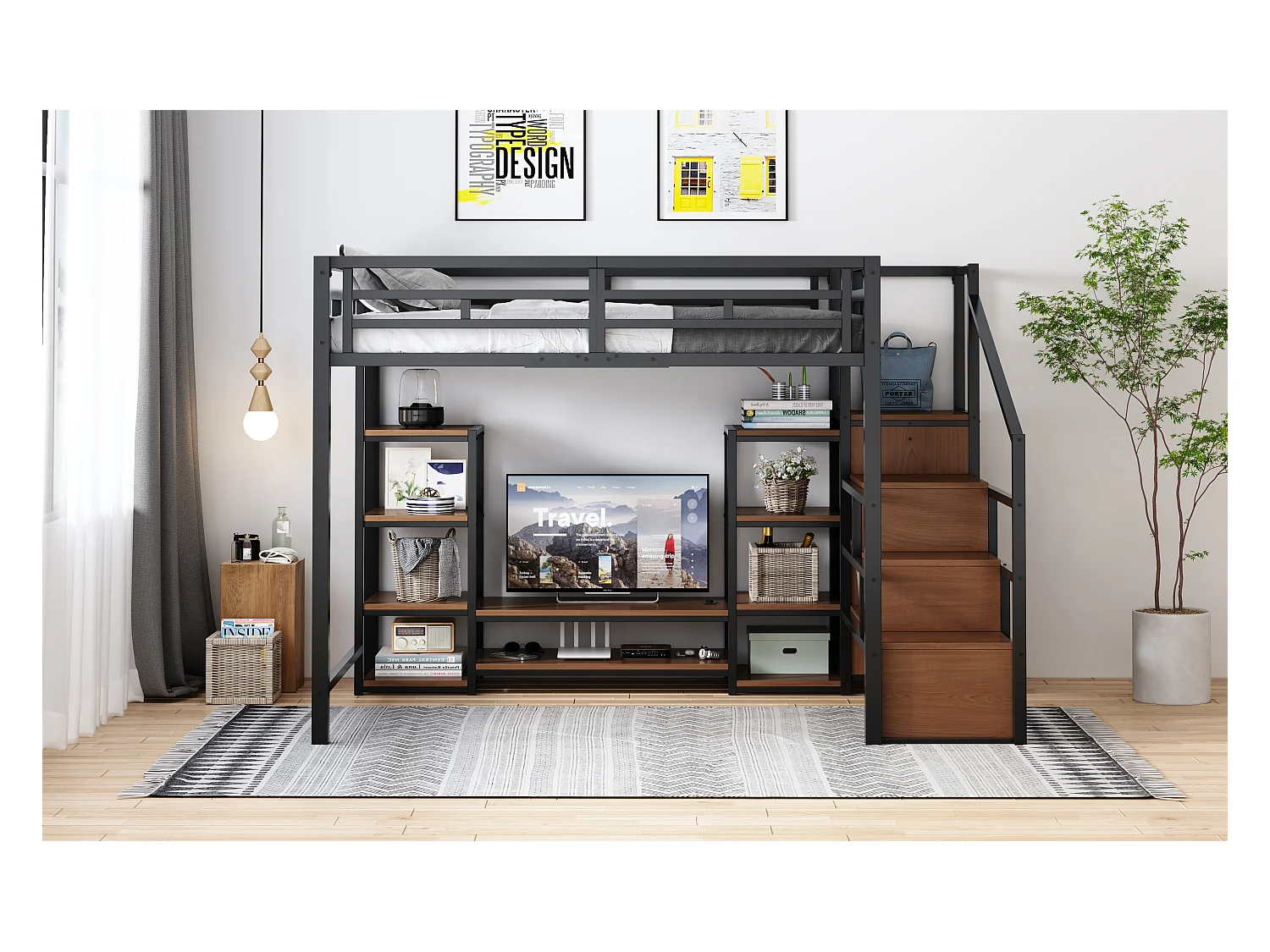 Kinderhochbett - 140 x 200 cm - mit TV-Schrank + Steckdose + Sicherheitsleiter + Ablageboden - Metall - schwarz