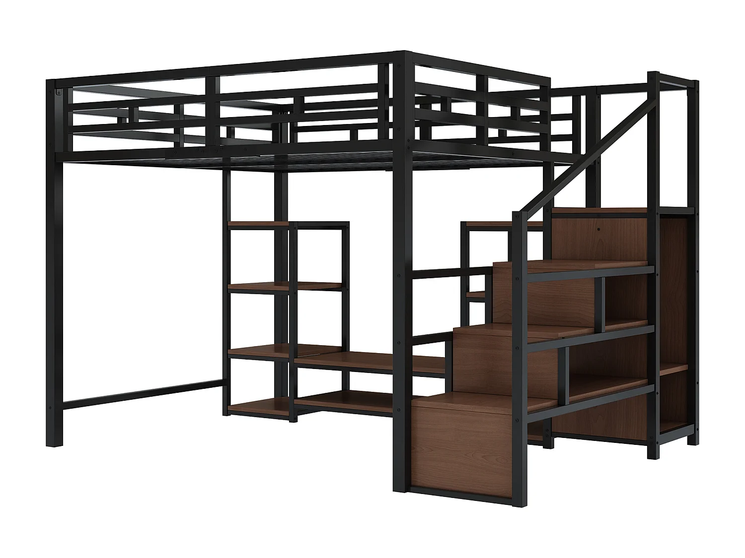 Lit mezzanine enfant - 140 x 200 cm - avec meuble TV + prise + échelle de sécurité + étagère de rangement - métal - noir