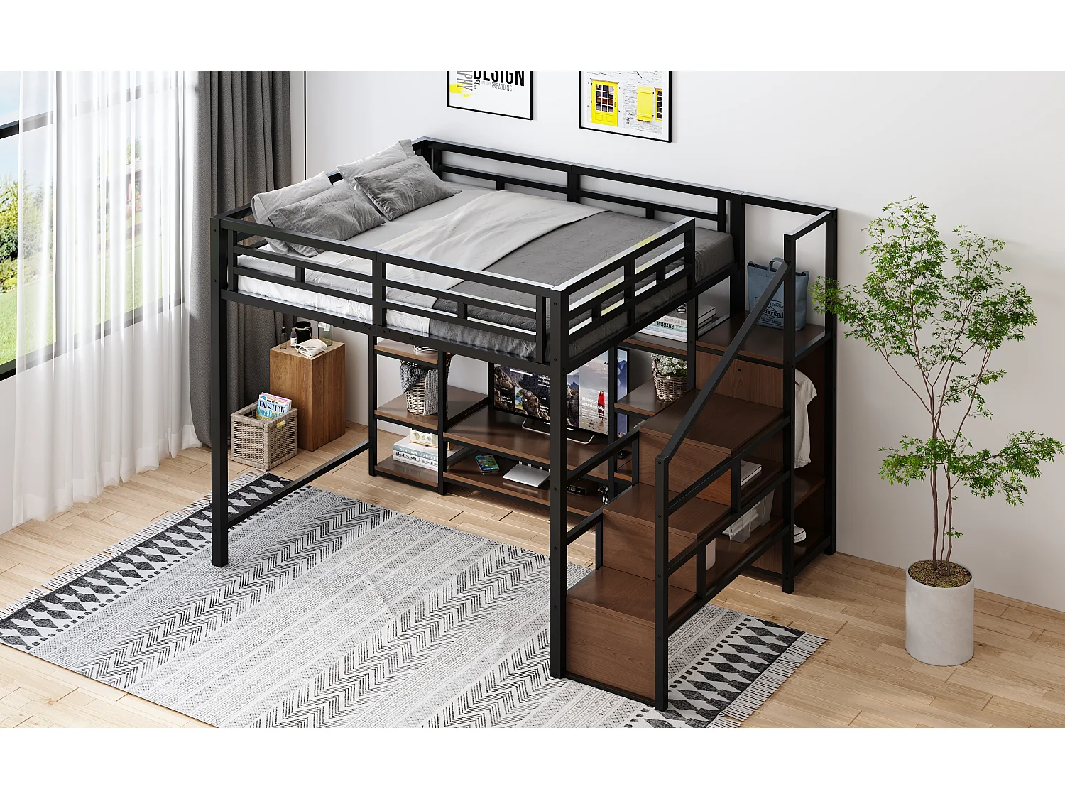 Lit mezzanine enfant - 140 x 200 cm - avec meuble TV + prise + échelle de sécurité + étagère de rangement - métal - noir