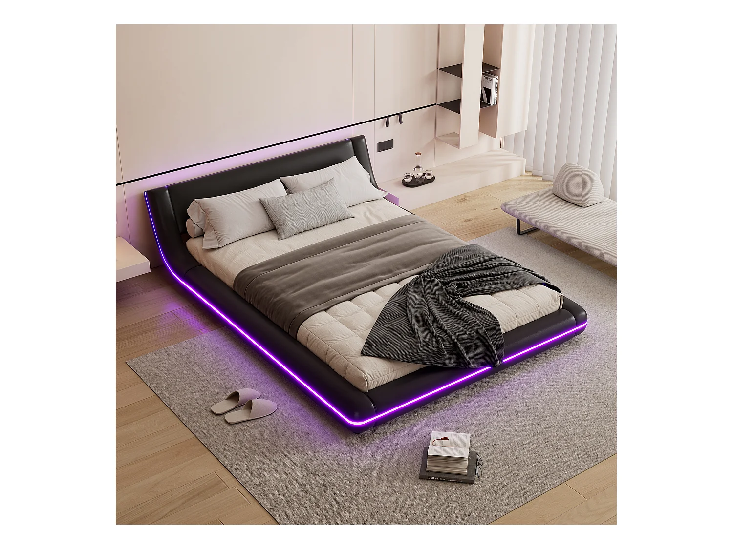 Lit plat 140 x 200 cm avec tête de lit - rembourré en cuir PU - LEDs - style élégant - noir