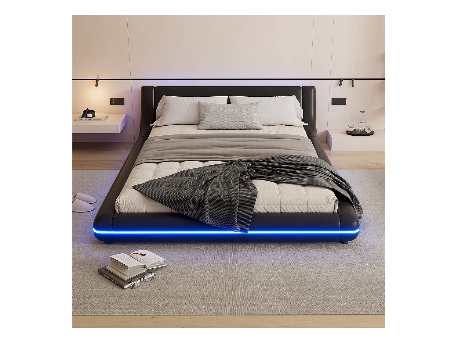 Lit plat 140 x 200 cm avec tête de lit - rembourré en cuir PU - LEDs - style élégant - noir