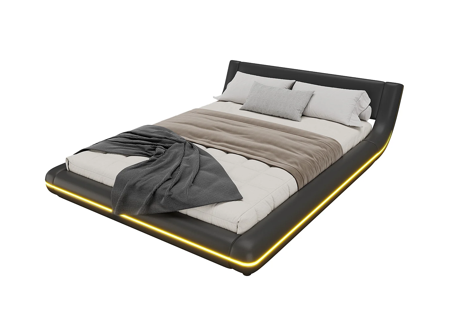 Lit plat 140 x 200 cm avec tête de lit - rembourré en cuir PU - LEDs - style élégant - noir