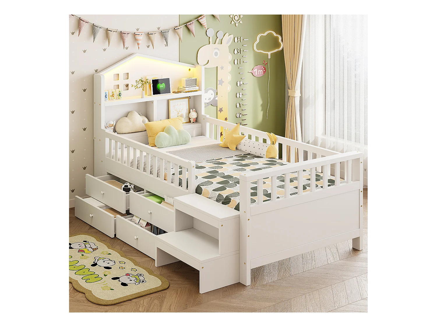 Łóżko dziecięce 90 x 200 cm - z barierką zabezpieczającą + 4 szuflady + diody LED + USB i Type-C - drewno - białe