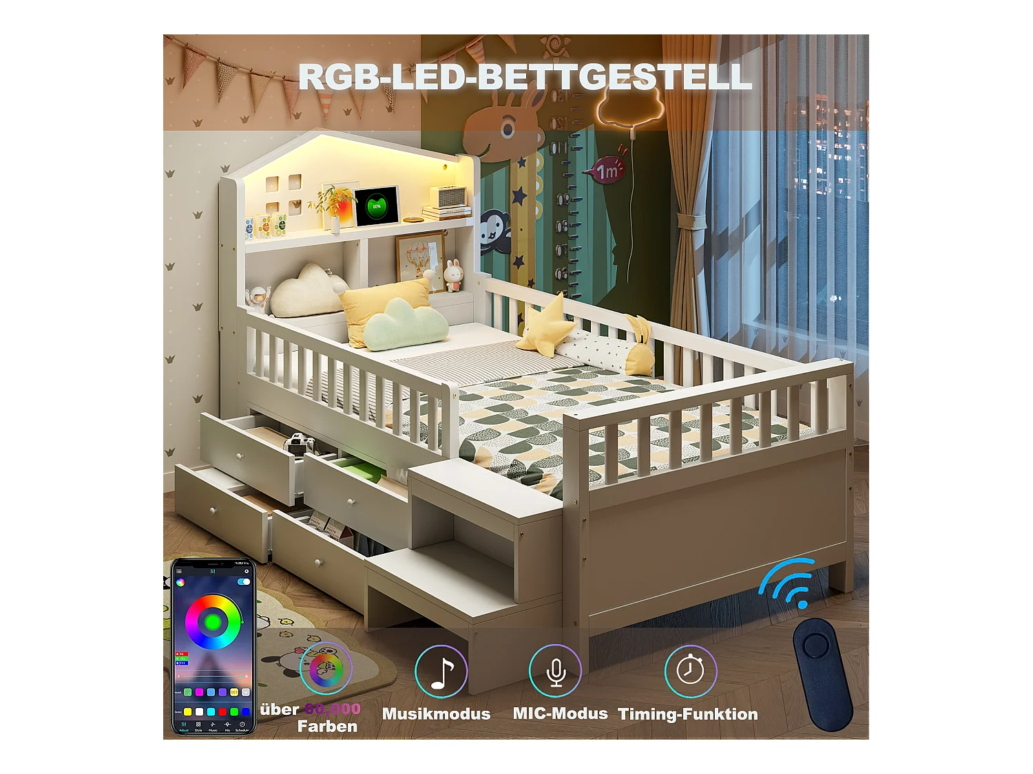 Łóżko dziecięce 90 x 200 cm - z barierką zabezpieczającą + 4 szuflady + diody LED + USB i Type-C - drewno - białe