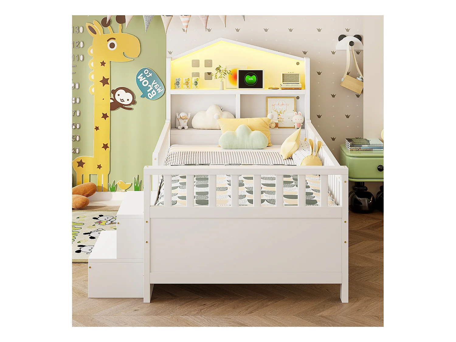 Łóżko dziecięce 90 x 200 cm - z barierką zabezpieczającą + 4 szuflady + diody LED + USB i Type-C - drewno - białe