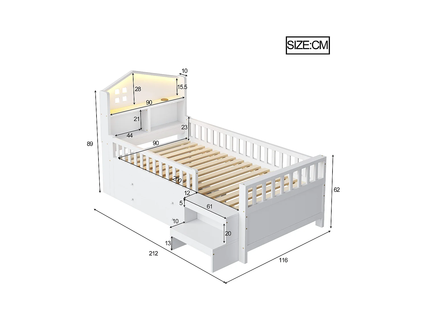 Łóżko dziecięce 90 x 200 cm - z barierką zabezpieczającą + 4 szuflady + diody LED + USB i Type-C - drewno - białe