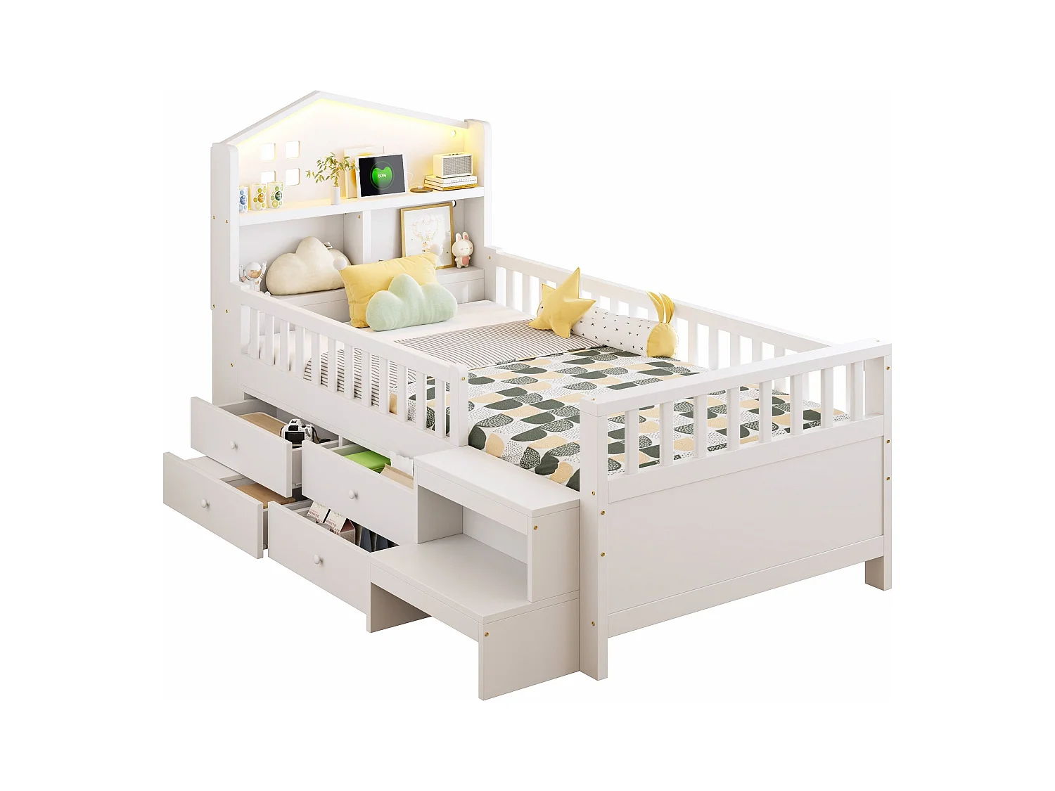 Łóżko dziecięce 90 x 200 cm - z barierką zabezpieczającą + 4 szuflady + diody LED + USB i Type-C - drewno - białe
