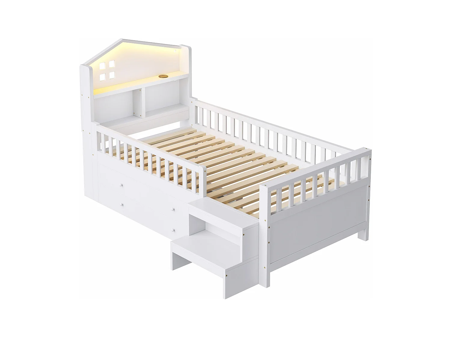 Łóżko dziecięce 90 x 200 cm - z barierką zabezpieczającą + 4 szuflady + diody LED + USB i Type-C - drewno - białe