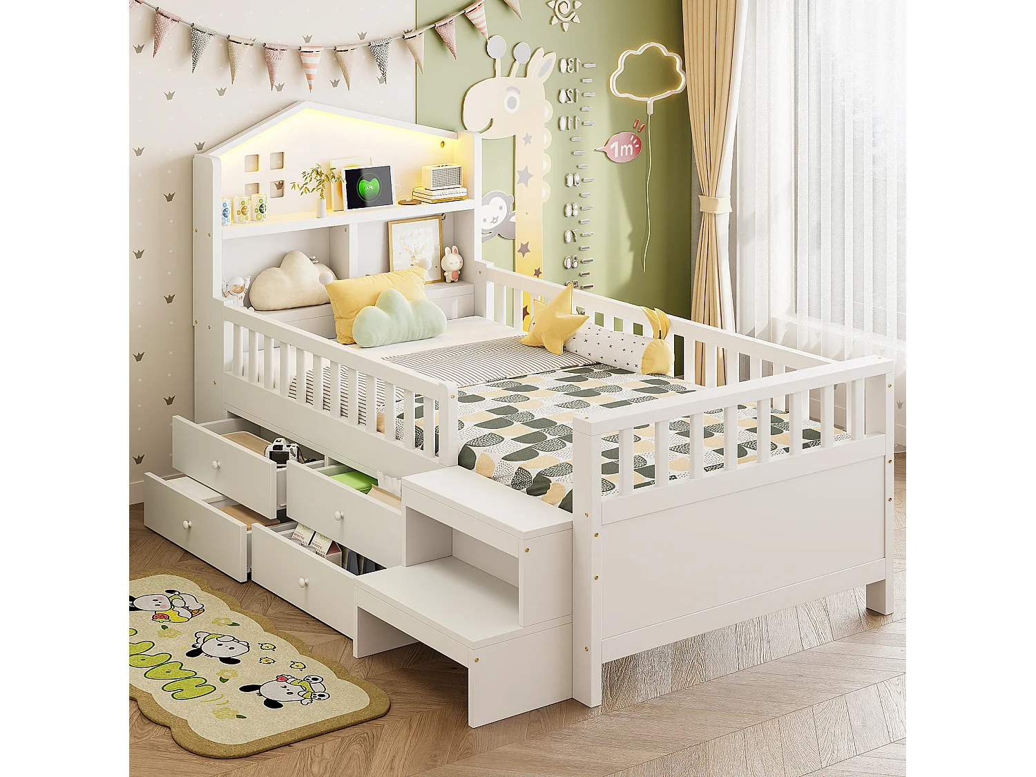 Lit enfant 90 x 200 cm - avec barrière de sécurité + 4 tiroirs + Leds + USB et Type-C - bois - blanc