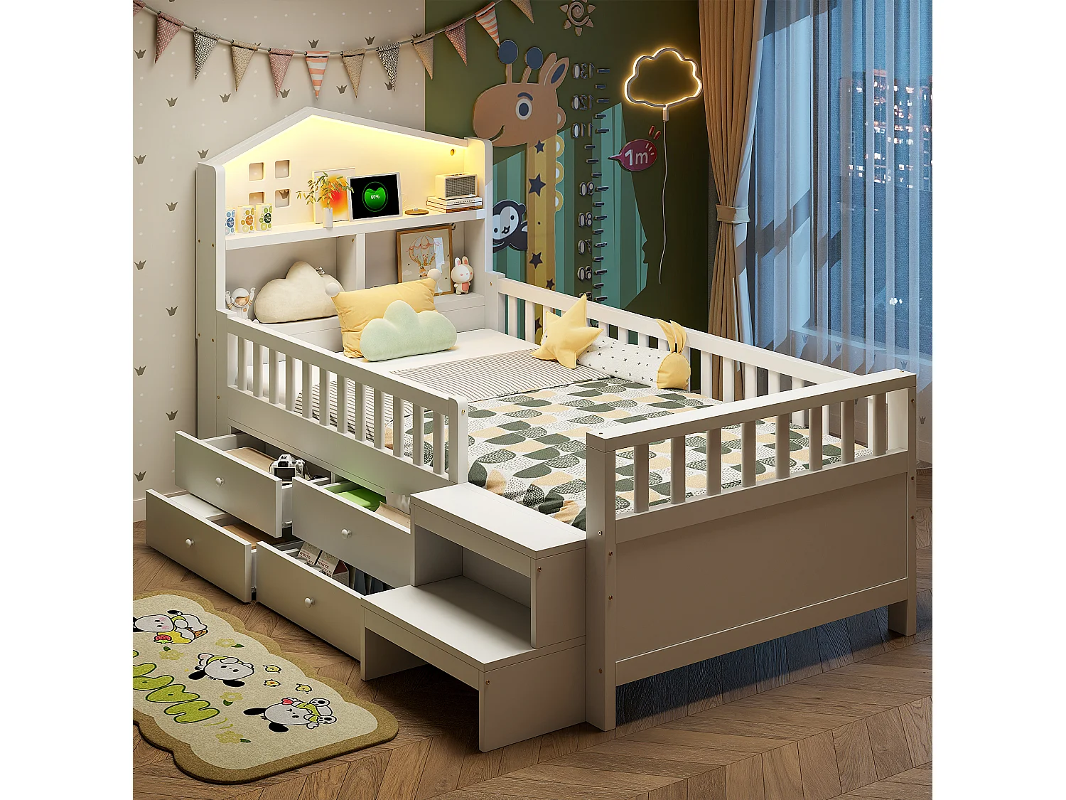 Lit enfant 90 x 200 cm - avec barrière de sécurité + 4 tiroirs + Leds + USB et Type-C - bois - blanc
