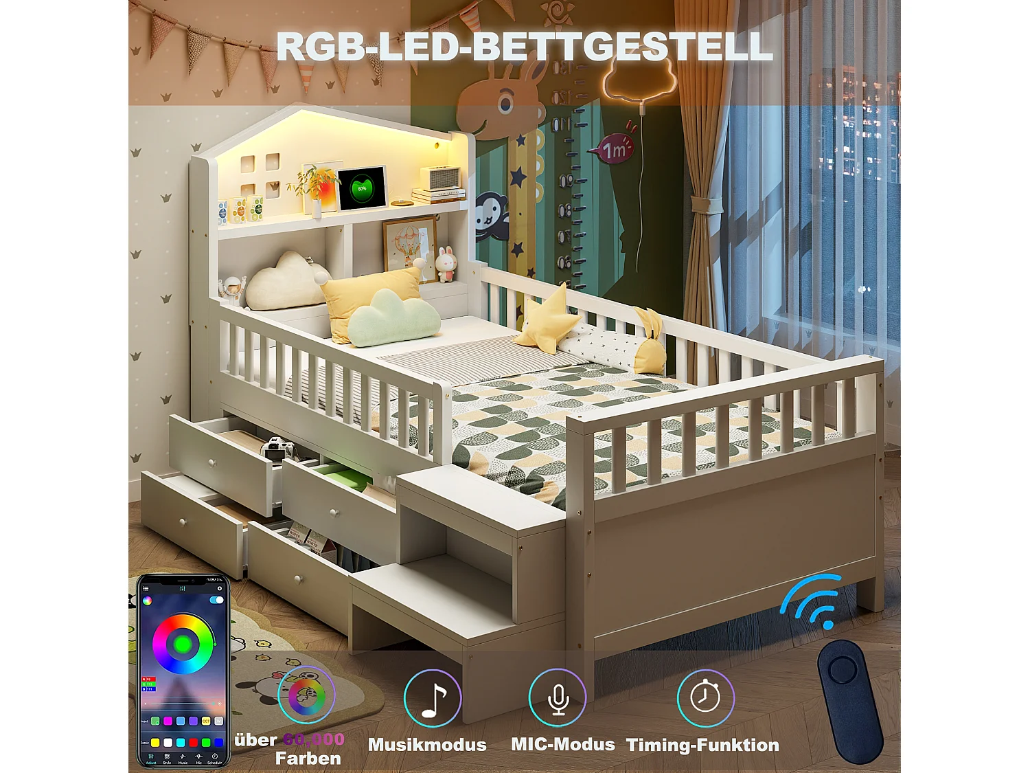 Lit enfant 90 x 200 cm - avec barrière de sécurité + 4 tiroirs + Leds + USB et Type-C - bois - blanc