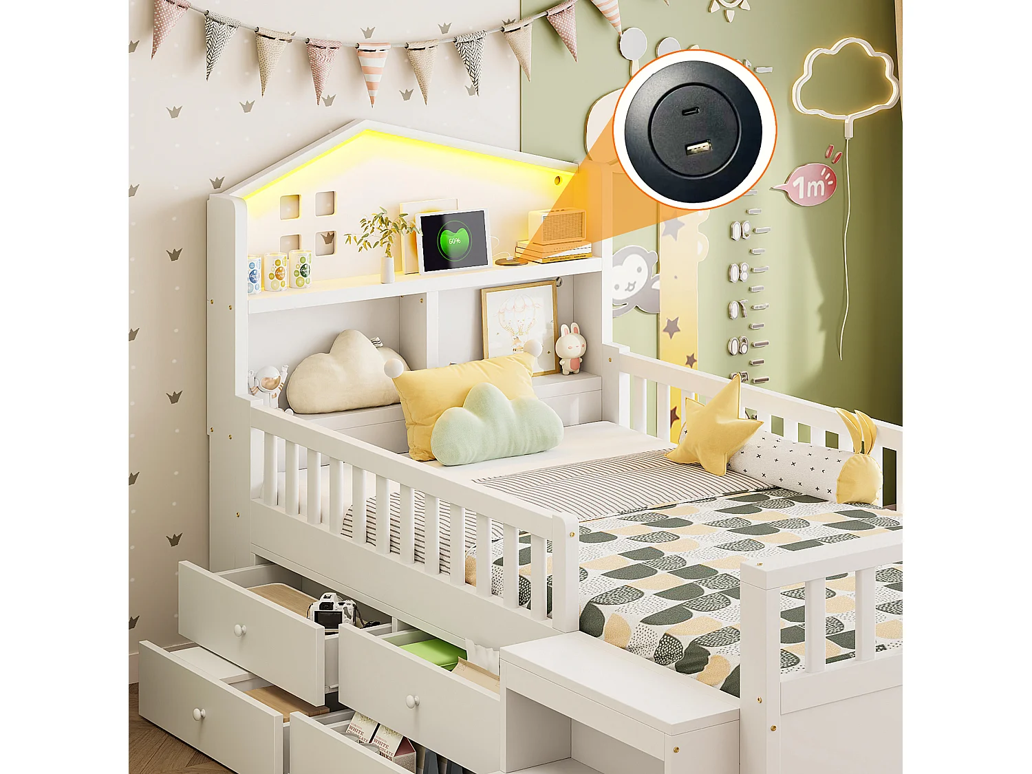 Lit enfant 90 x 200 cm - avec barrière de sécurité + 4 tiroirs + Leds + USB et Type-C - bois - blanc