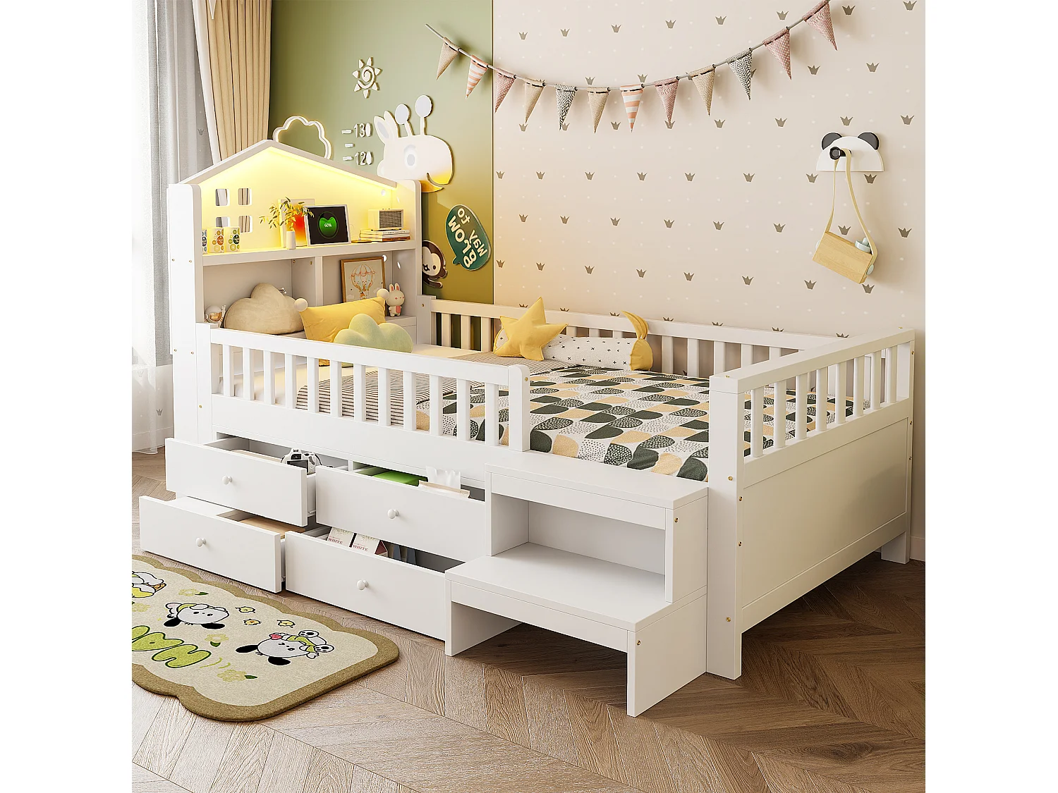 Lit enfant 90 x 200 cm - avec barrière de sécurité + 4 tiroirs + Leds + USB et Type-C - bois - blanc